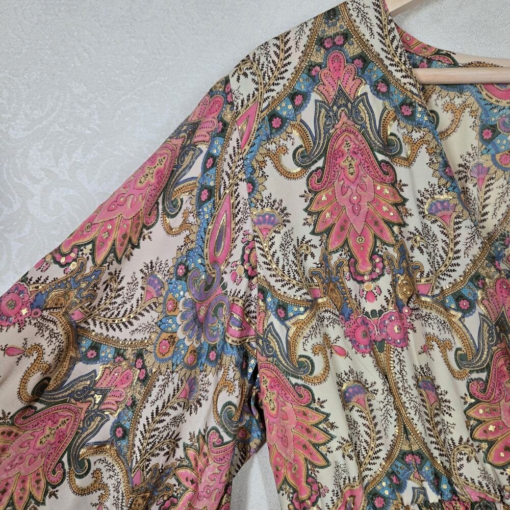 Paani Dress L Pink Paisley Smocked Bell Sleeve Boho Glam Ruffle - Picture 3 of 13